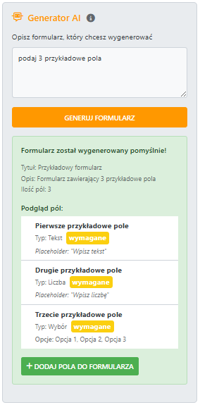 Przykładowe pola wygenerowanie przez AI
